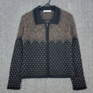 Heirlooms Sweater Womens S Brown Black 100% Wool Cardigan Nordic Y2K Full Zip